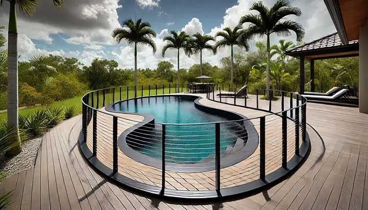 Modern backyard pool with curved deck, black railings, and palm trees in a tropical setting