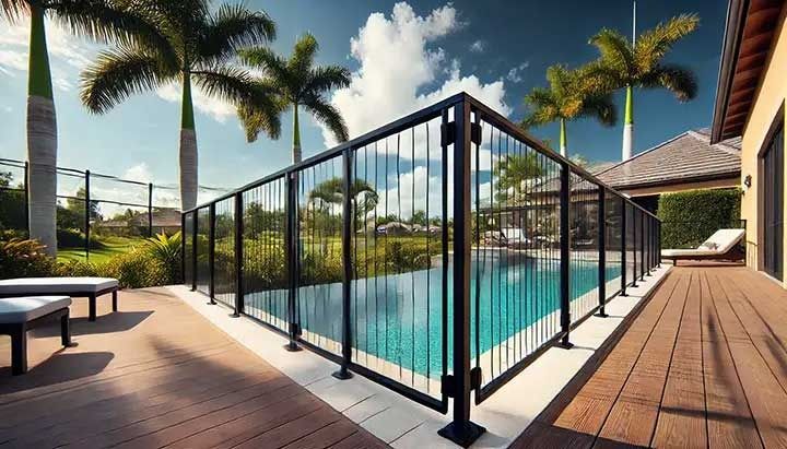 Backyard pool with black safety fence, wooden deck, palm trees, and sunny blue sky