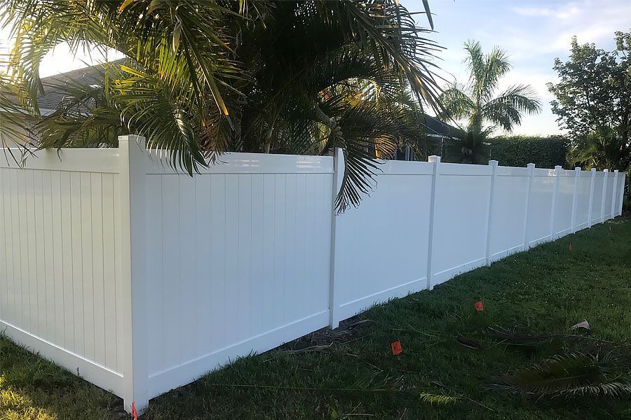 White vinyl privacy fence along a grassy yard with palm trees in the background