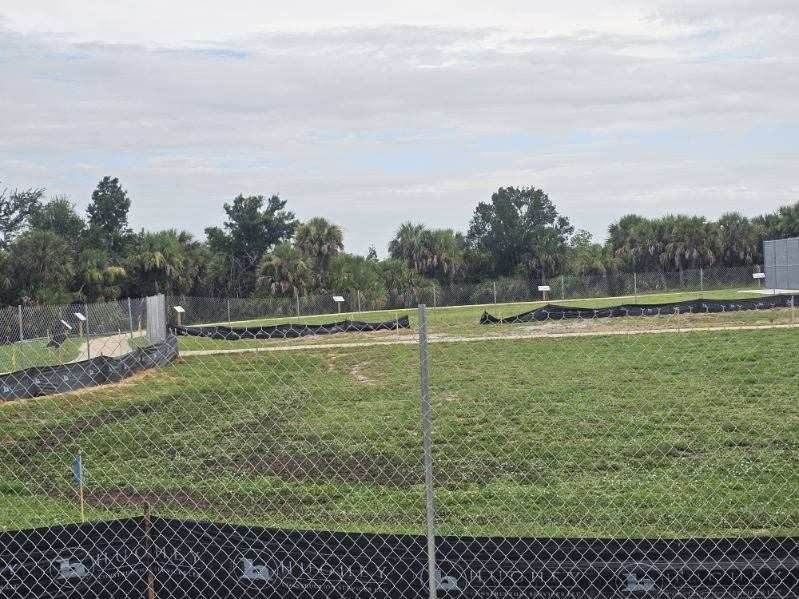 Chain-link fence around a grassy field with trees and a cloudy sky in the background