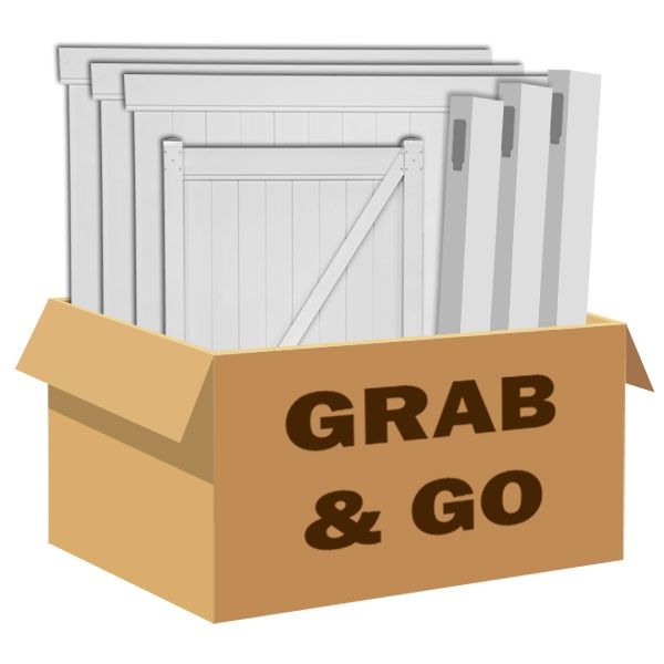 Cardboard box labeled “GRAB & GO” filled with white door samples, displayed on a white background