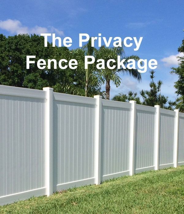 White privacy fence panels beside a grassy yard under a blue sky with the text “The Privacy Fence Package”