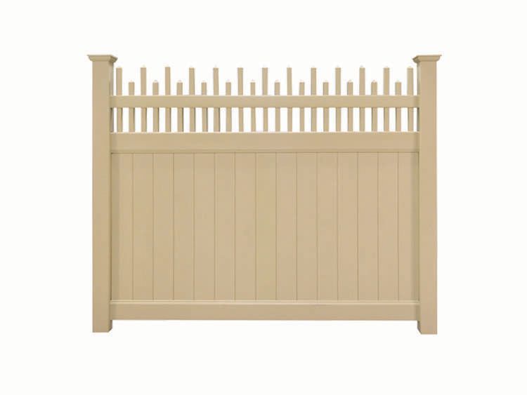 Beige wooden privacy fence with lattice top and two posts on a white background