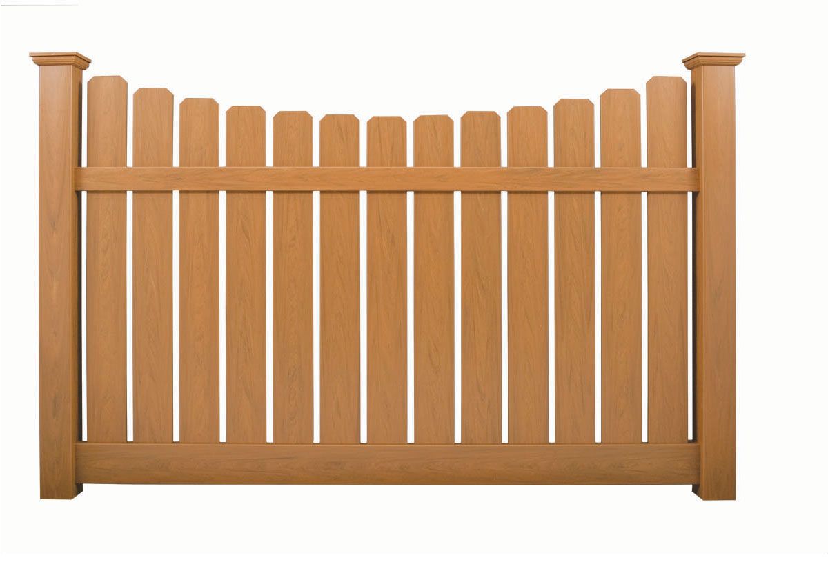 Brown wooden picket fence with a curved top and vertical slats