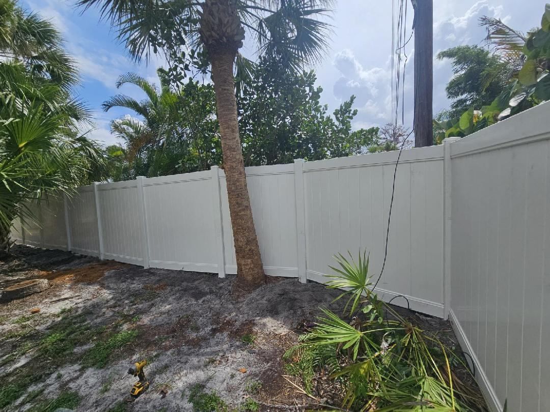 White vinyl fence bordering a tropical yard with palm trees and sparse ground cover under bright sun