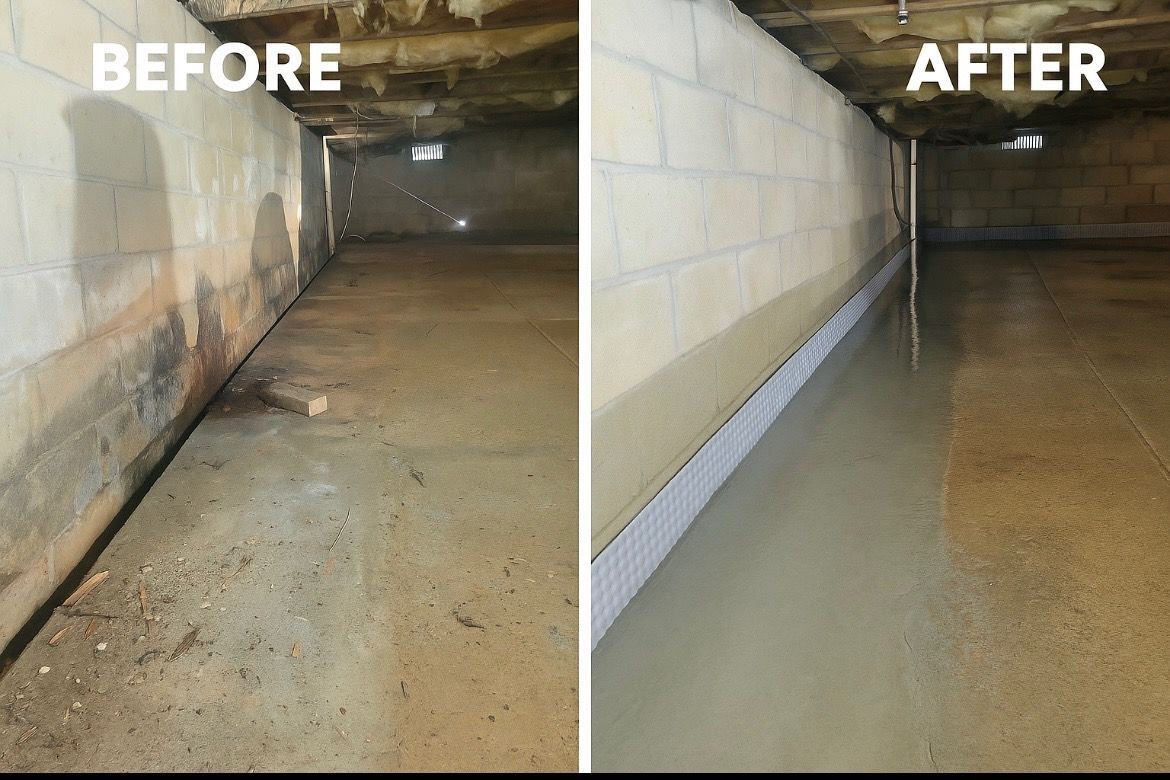 A before and after photo of a basement