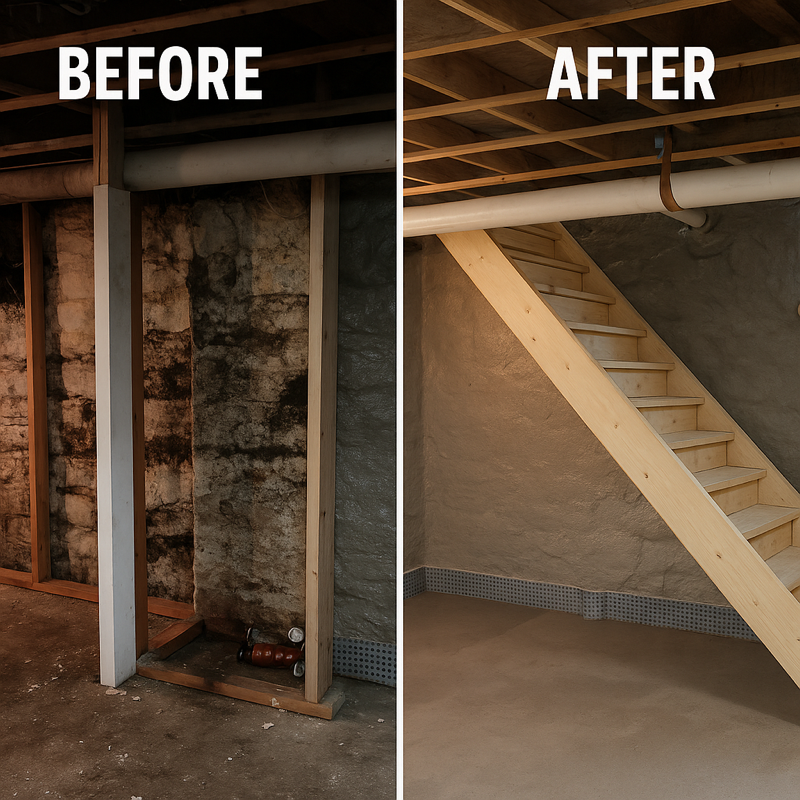 A before and after photo of a basement with stairs