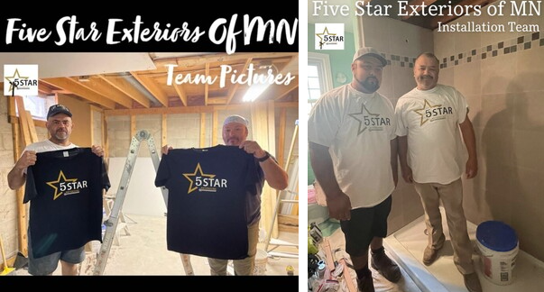 Two men are holding up shirts that say five star exteriors of mn