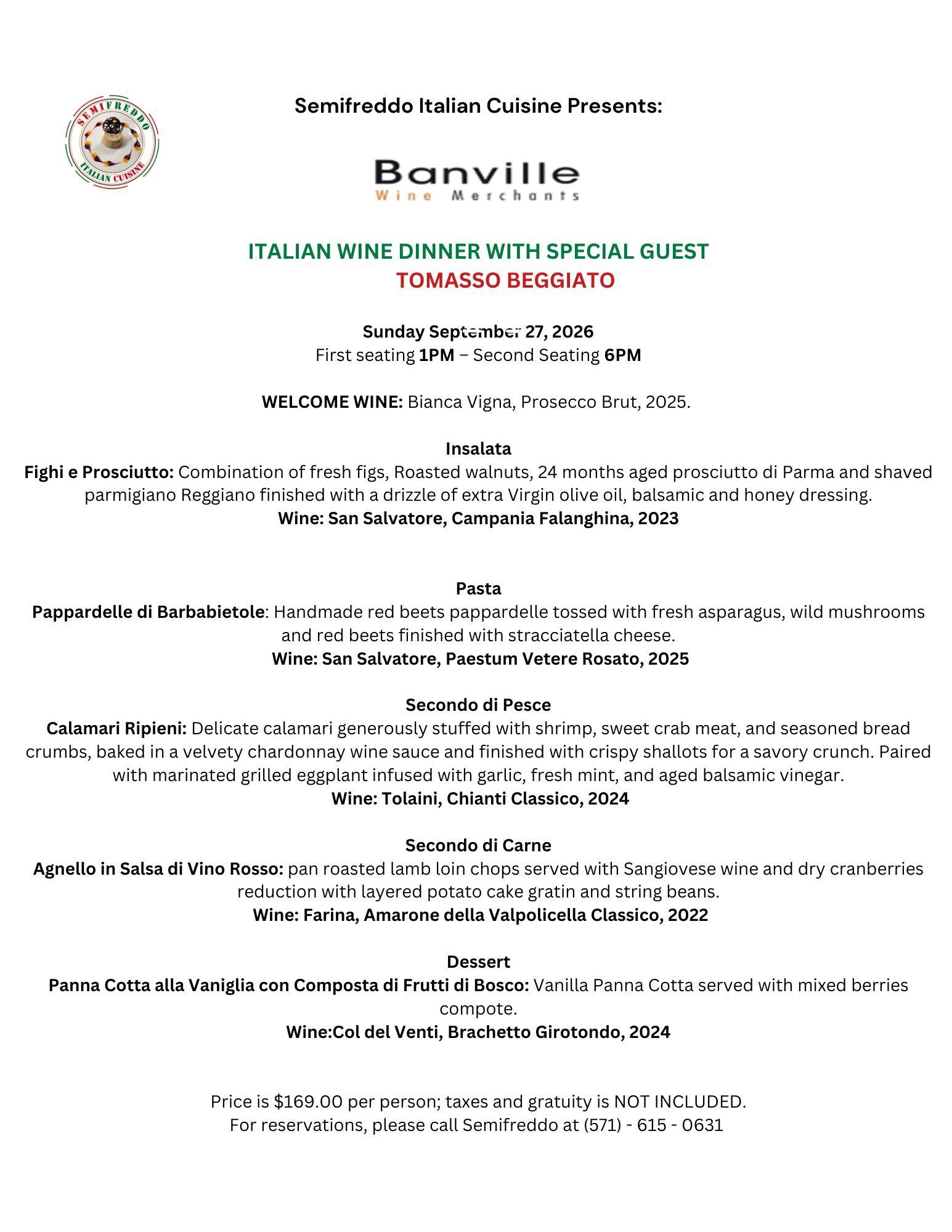 Flyer promoting an Italian Wine Dinner hosted by Semifreddo Italian Cuisine with special guest Tommaso Beggiato on September 27, 2026.