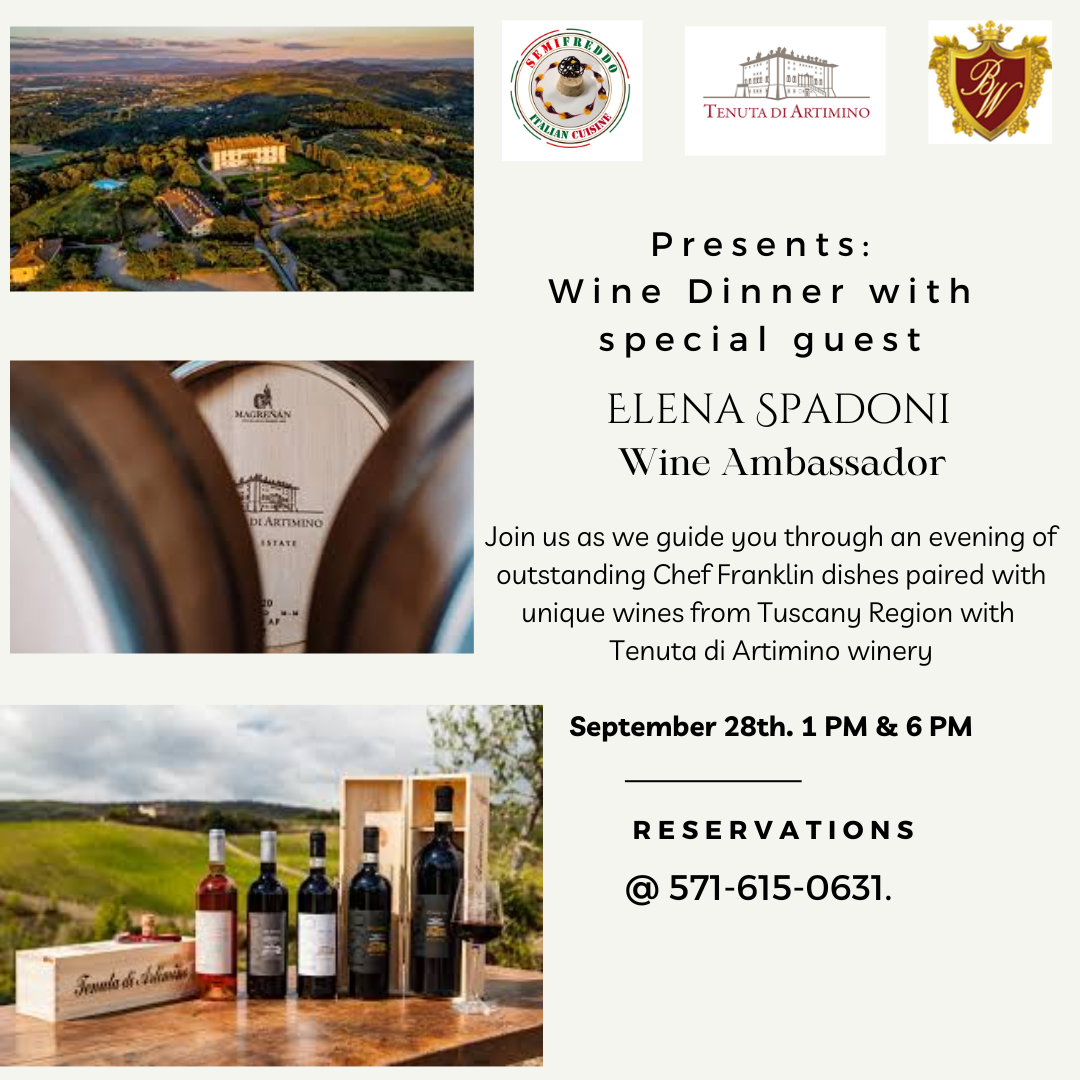 Wine dinner invitation with Llena Spadoni, Wine Ambassador. Features Tuscan dishes paired with wines from Tenuta di Ardingo winery on September 28th.