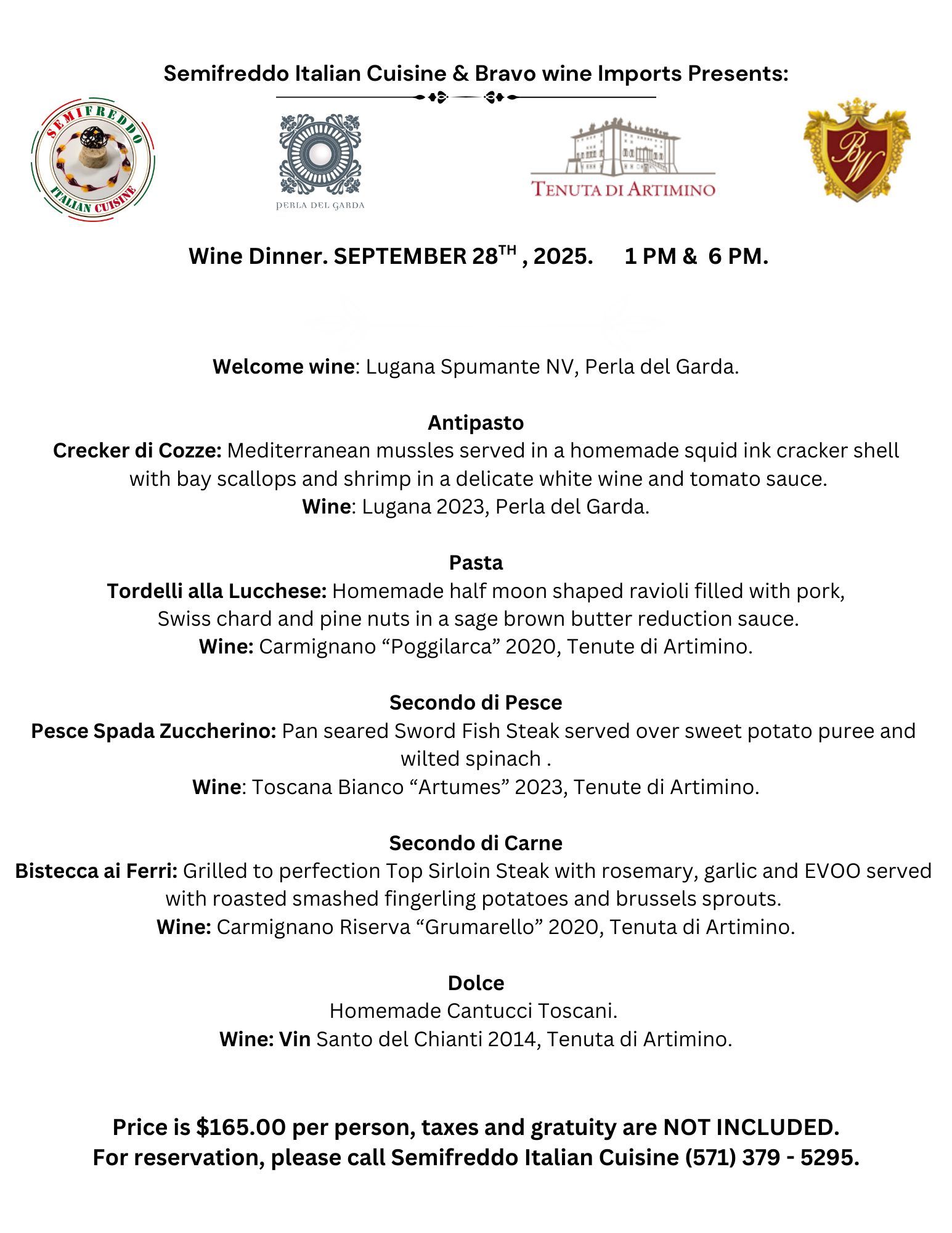 Wine Dinner Menu for September 28th, 2025