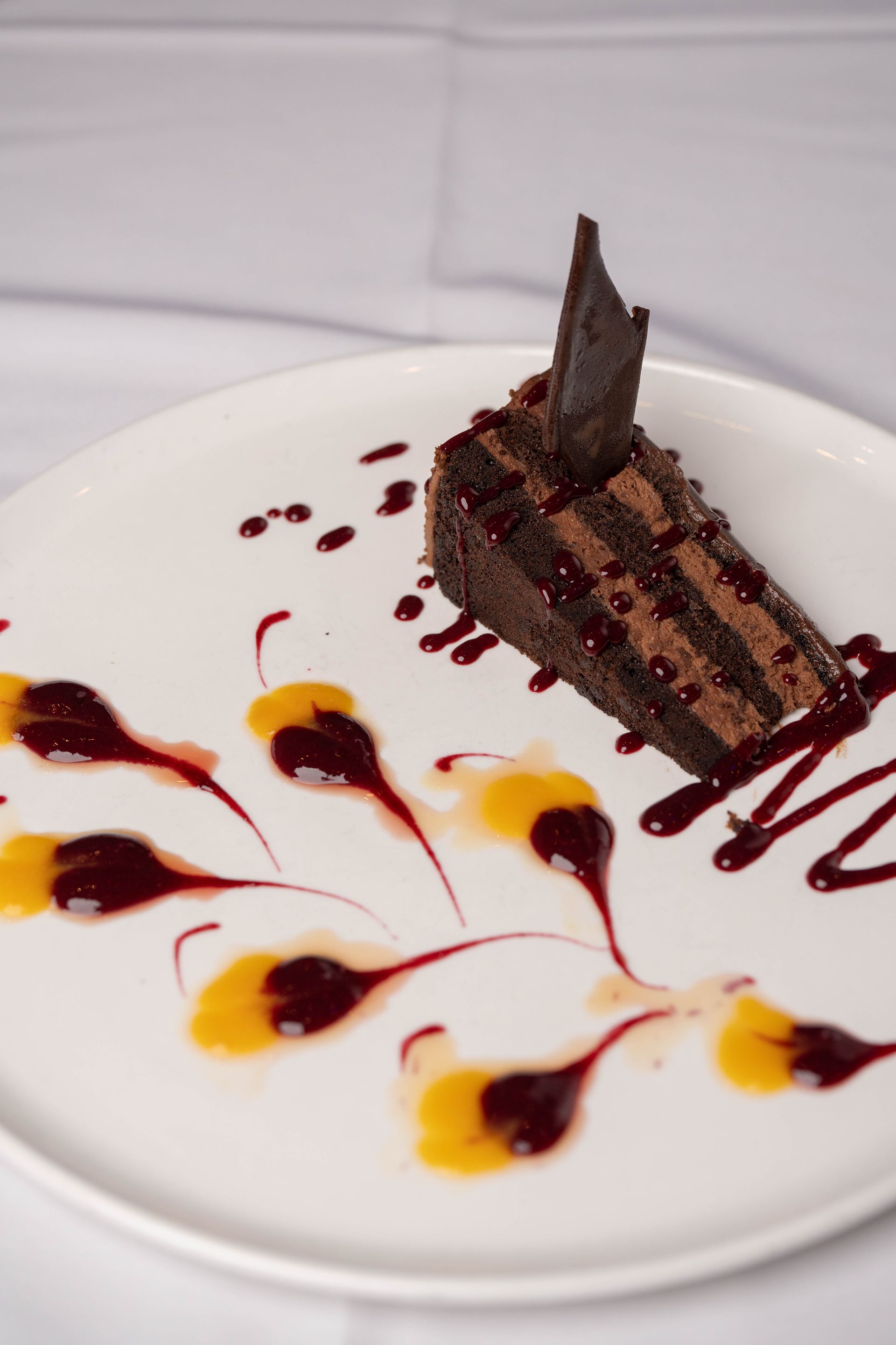 A slice of chocolate cake with decorative sauce and fruit garnish on a white plate.