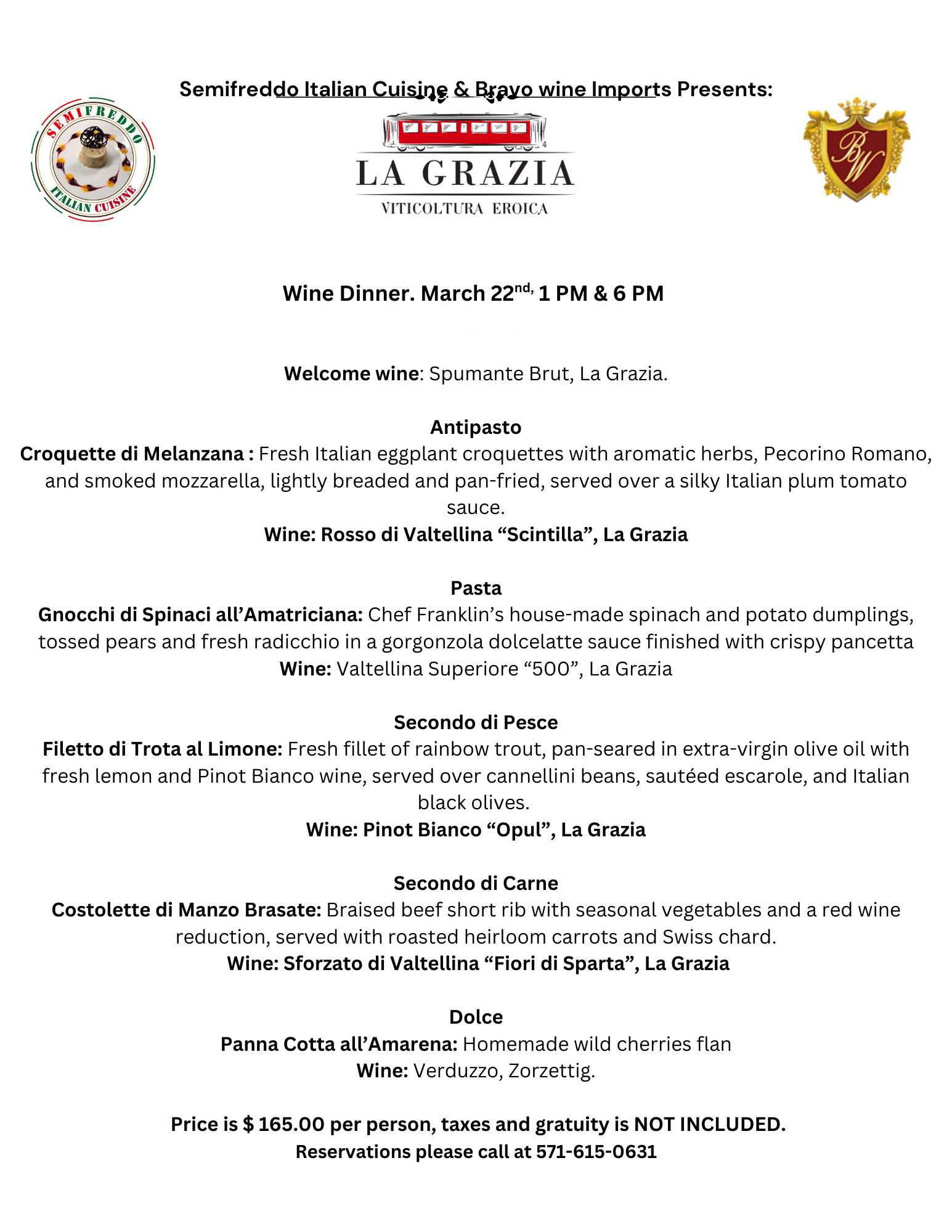 Menu for La Grazia wine dinner: March 2024. Includes appetizers, pasta, entree, and dessert.