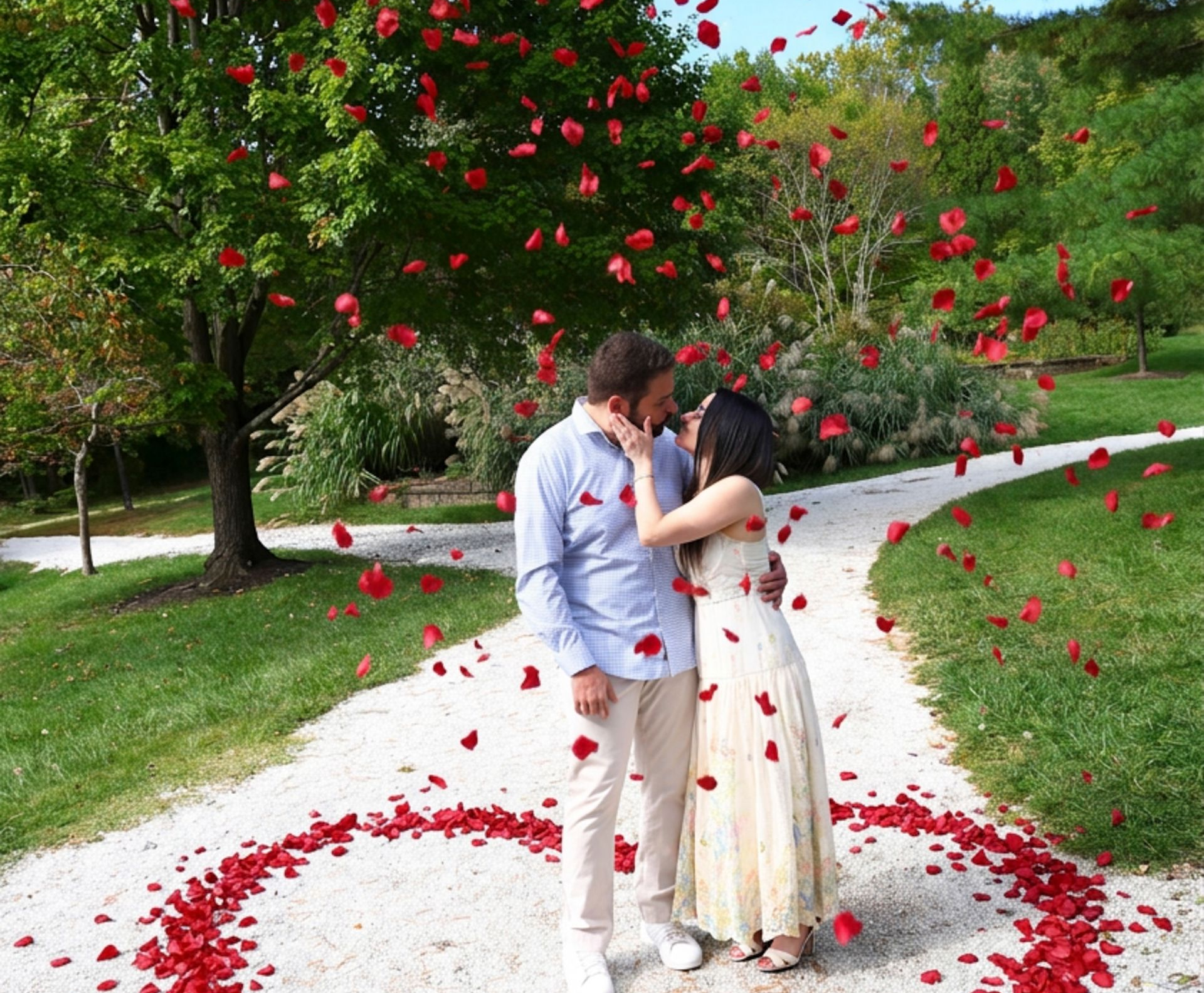 Surprise proposal with red rose petal heart at Sayen Gardens