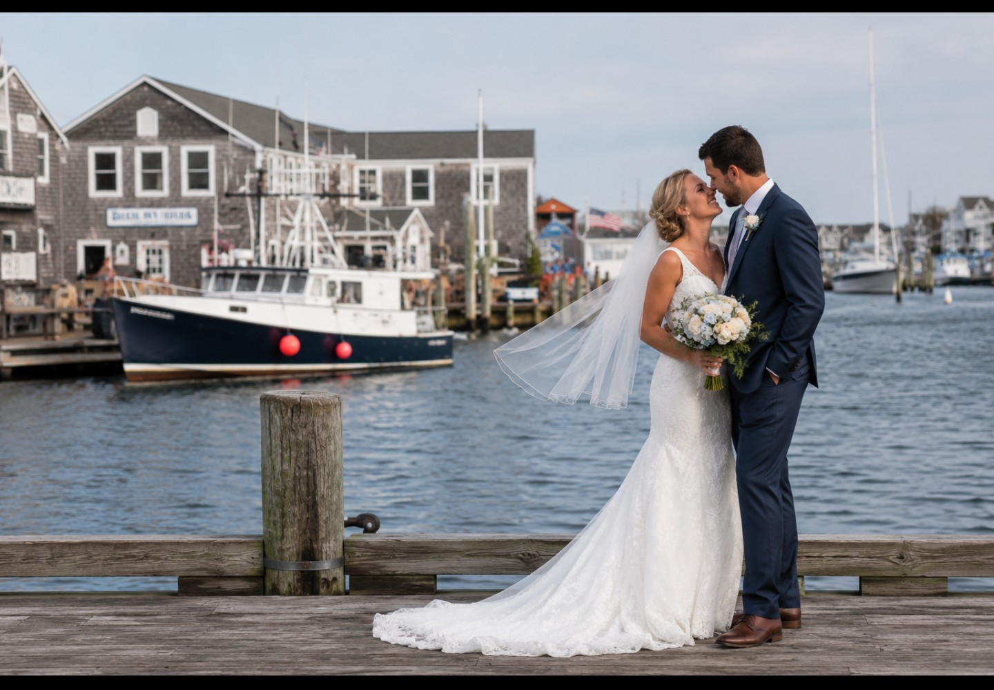 Bride and groom sharing an intimate moment on wooden dock in Cape Cod, with boat and harbor in back
