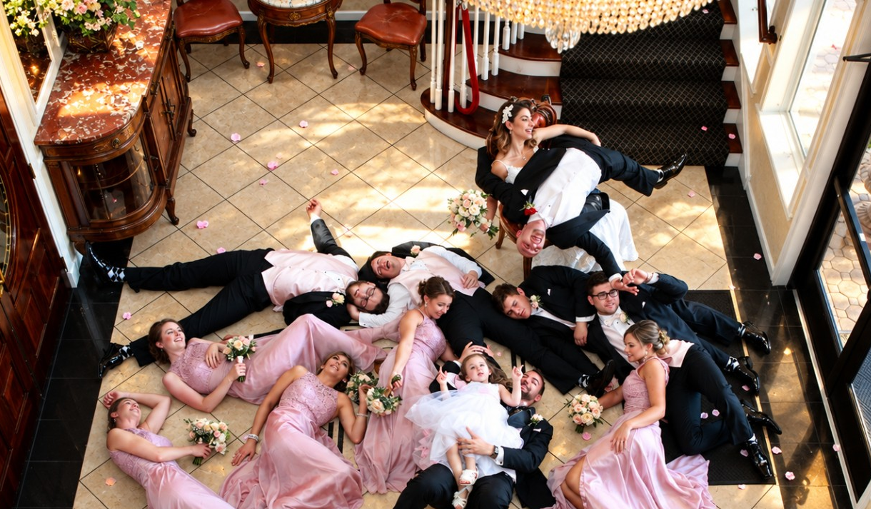 Bridal Party in pink gowns and black tuxedos at The Stone Terrace, Hamilton NJ