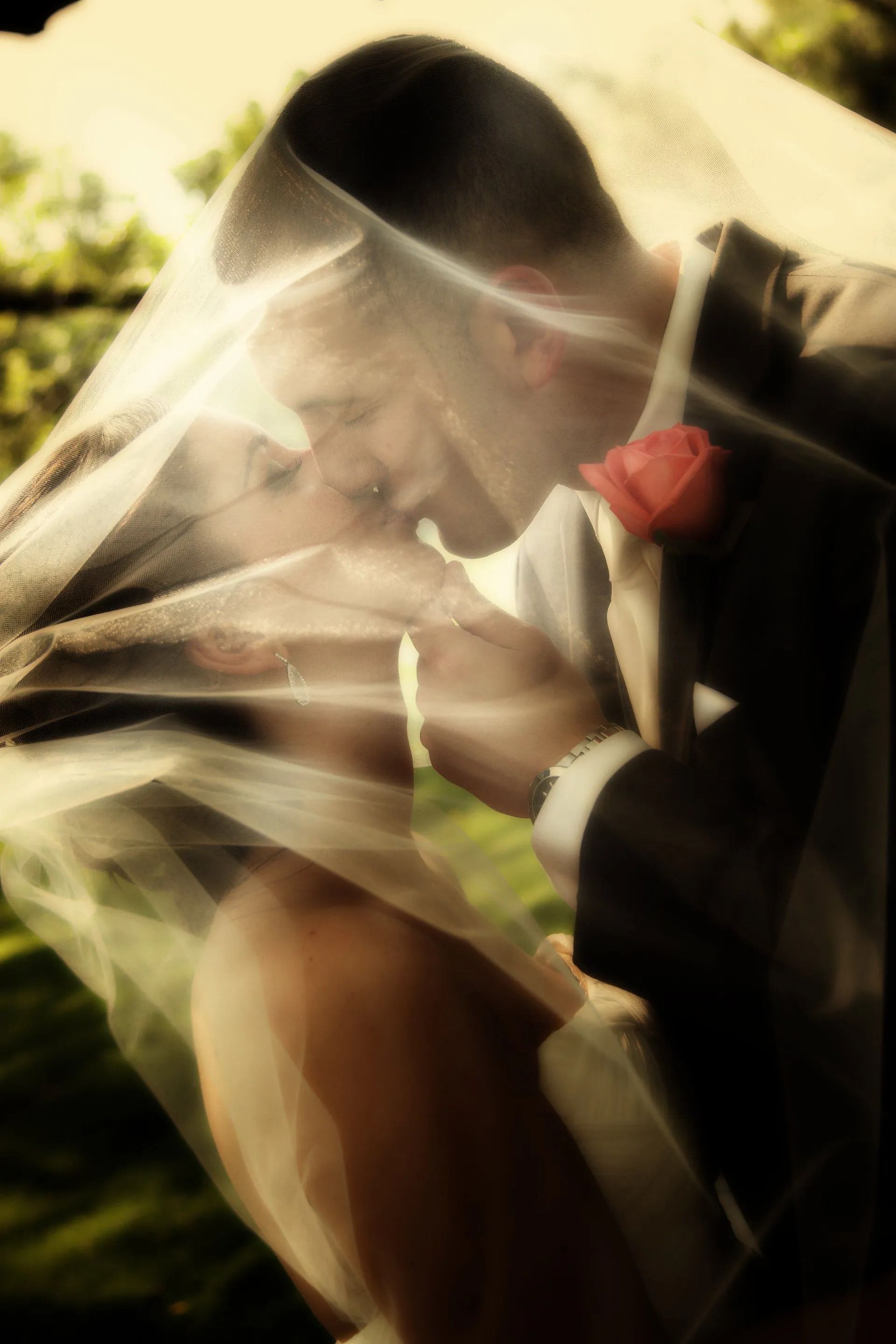 Bride and groom kissing under a veil, with a rose, outdoors.