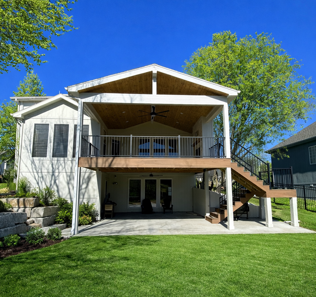 A house with a large deck and stairs leading up to it