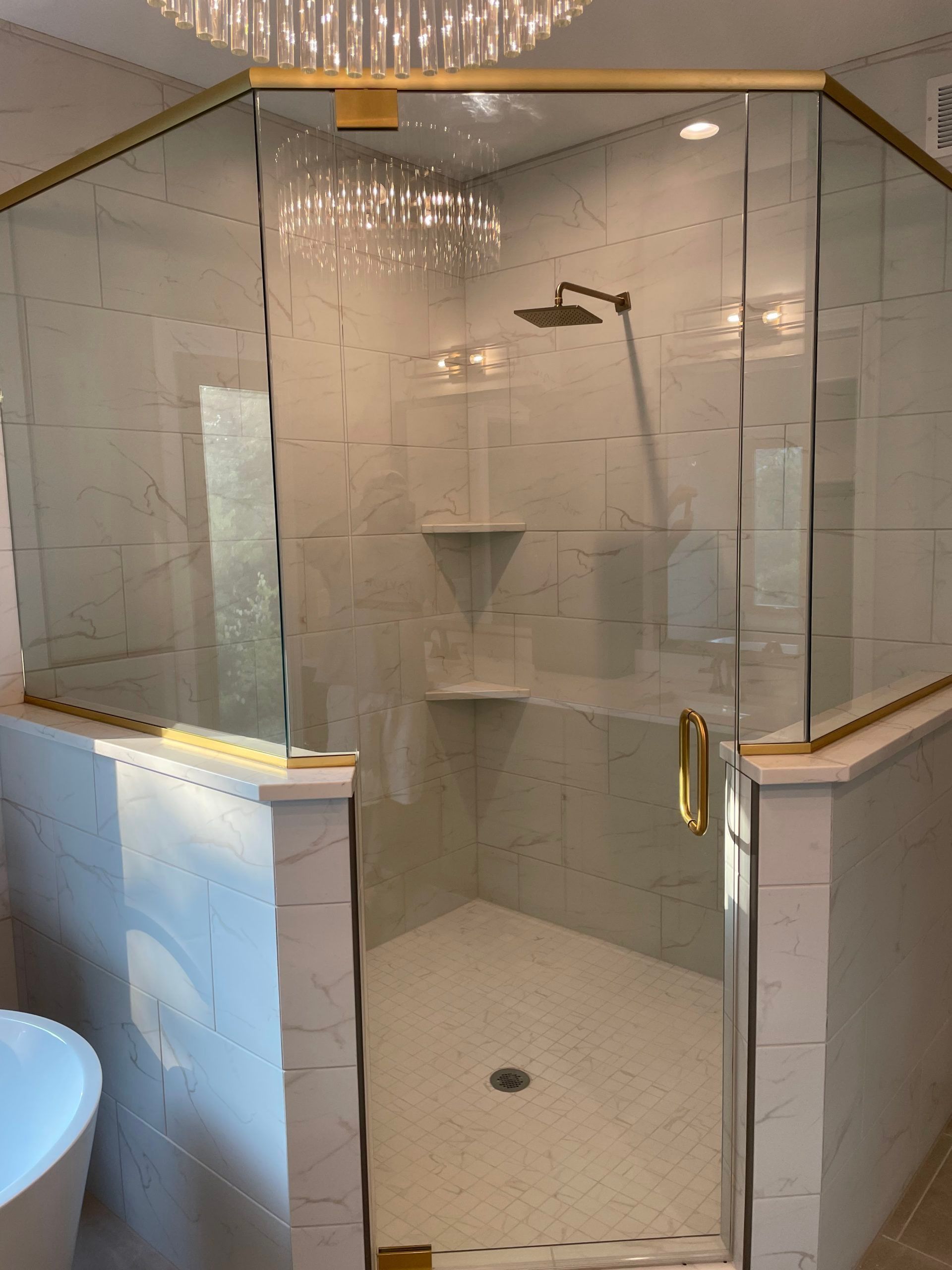 A bathroom with a walk in shower and a toilet.