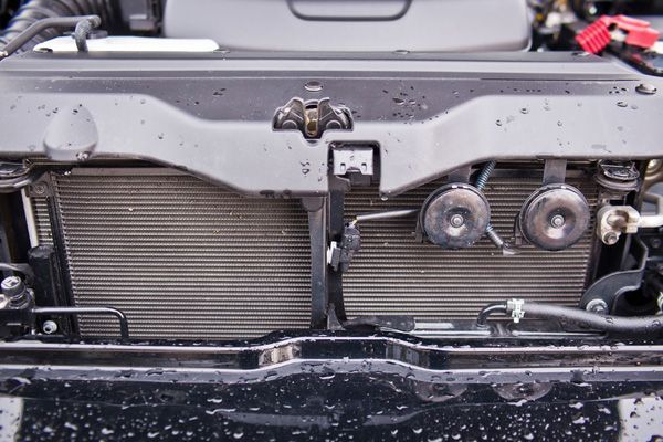 A close up of a car 's radiator and horns