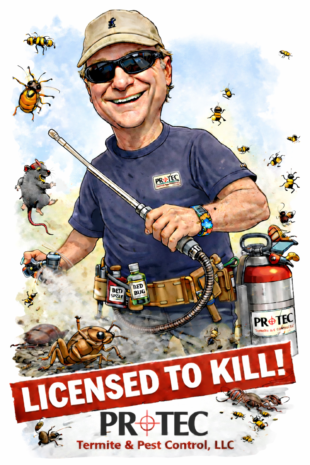 Cartoon pest control ad with smiling man spraying bugs and the slogan “Licensed to Kill!”