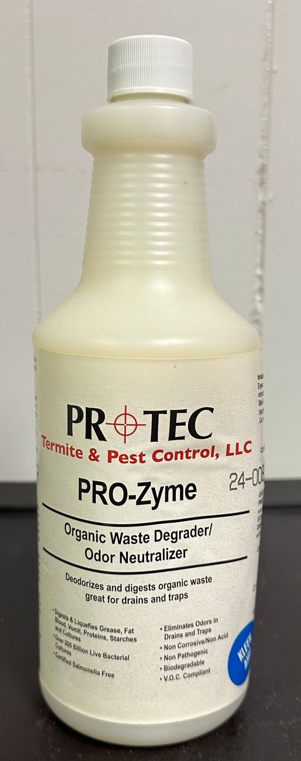 A white bottle of PRO-Zyme organic waste digester, manufactured by Pro-Tec Termite & Pest Control, LLC.