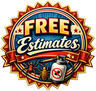 Red and blue badge reading “FREE Estimates” with a pest control sprayer and insects illustration