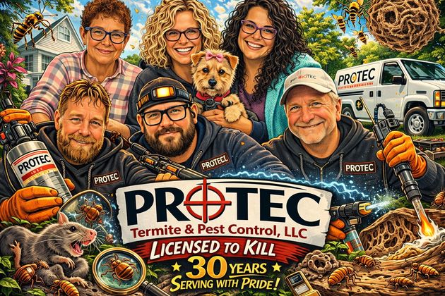 ProTec Termite & Pest Control advertisement featuring staff, a dog, and pest-themed graphics with branding and contact info.