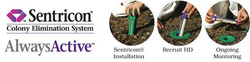 Sentricon Colony Elimination System logo and three circular photos showing installation, Recruit HD, and monitoring.