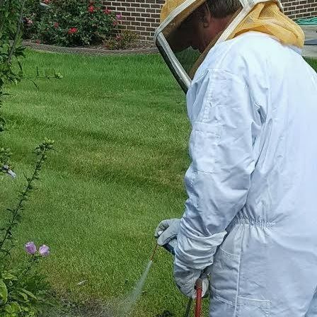 A beekeeper in a white protective suit and mesh hood uses a handheld spray tool in a green garden.