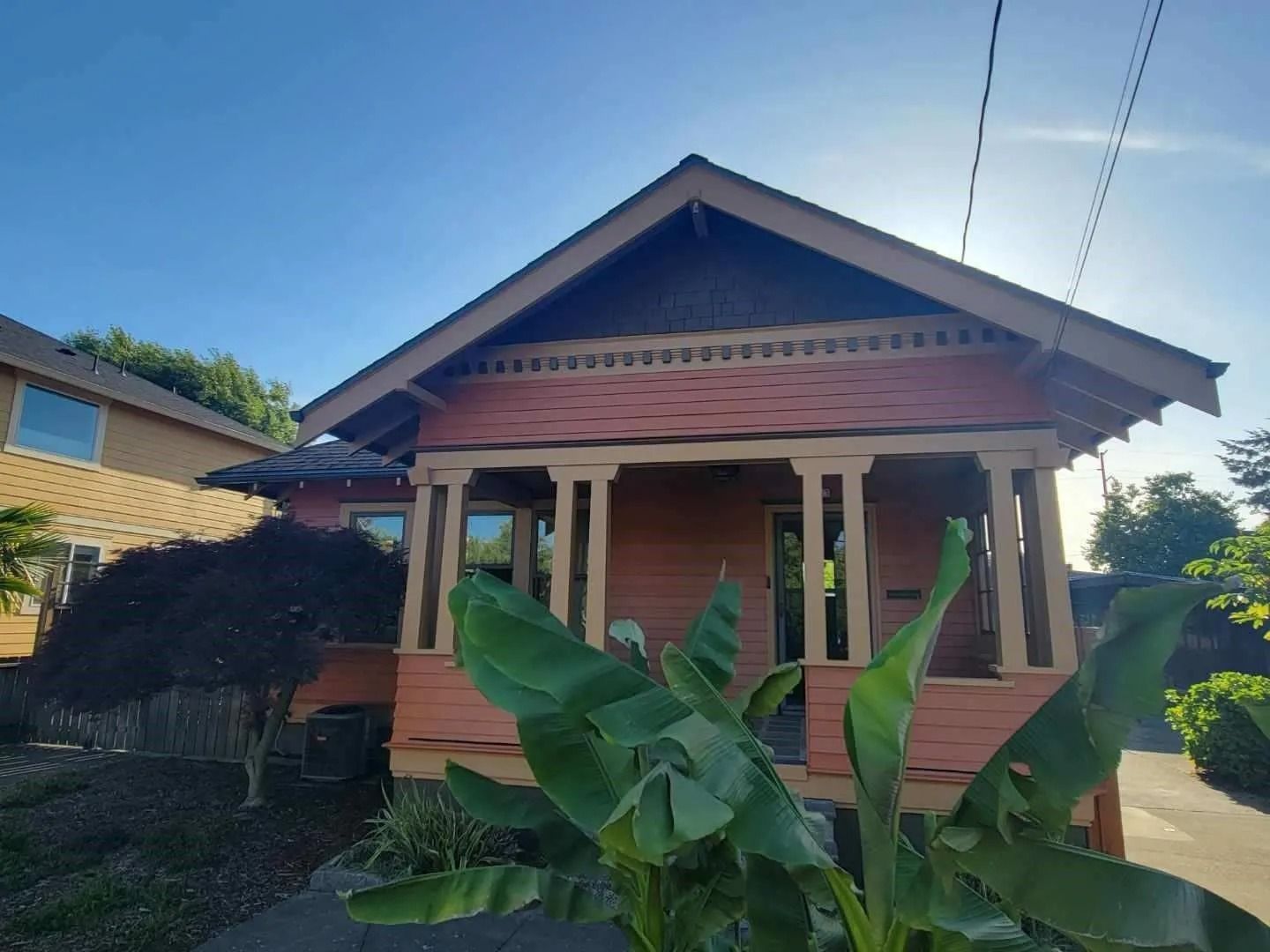 A peach-colored bungalow with a covered front porch, framed by a large purple-leafed tree and green banana plants.