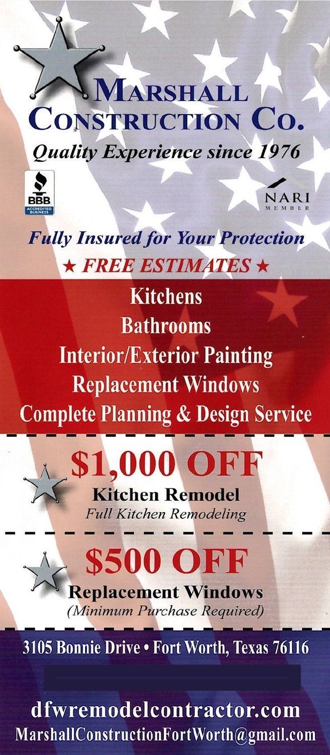 Flyer for Marshall Construction Co. listing services and coupons against an American flag background.