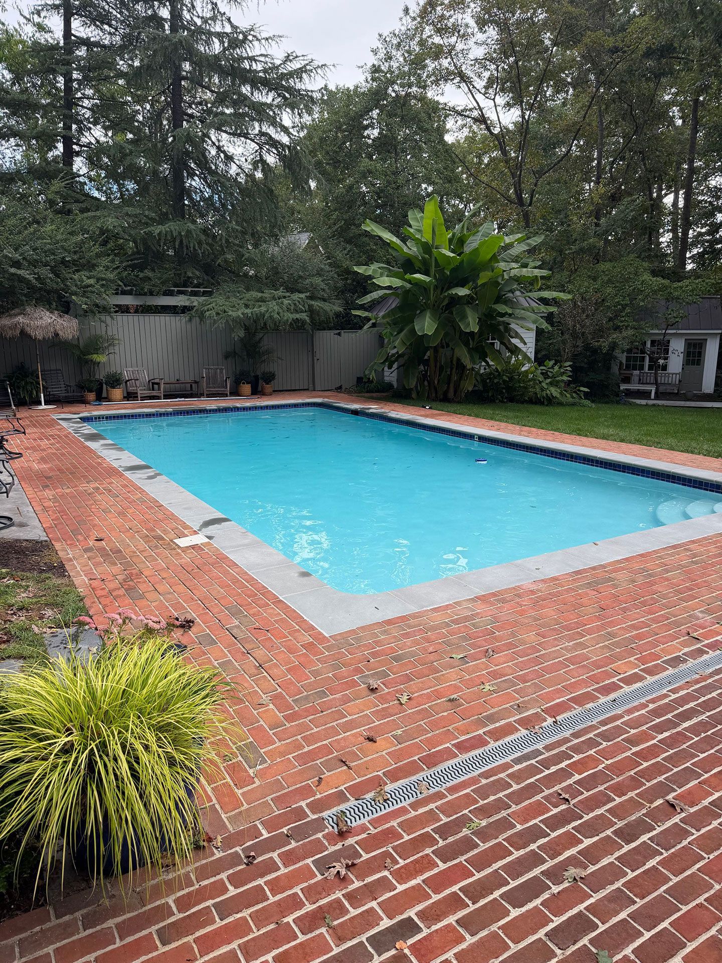 Rectangular backyard swimming pool surrounded by red brick patio and lush green trees