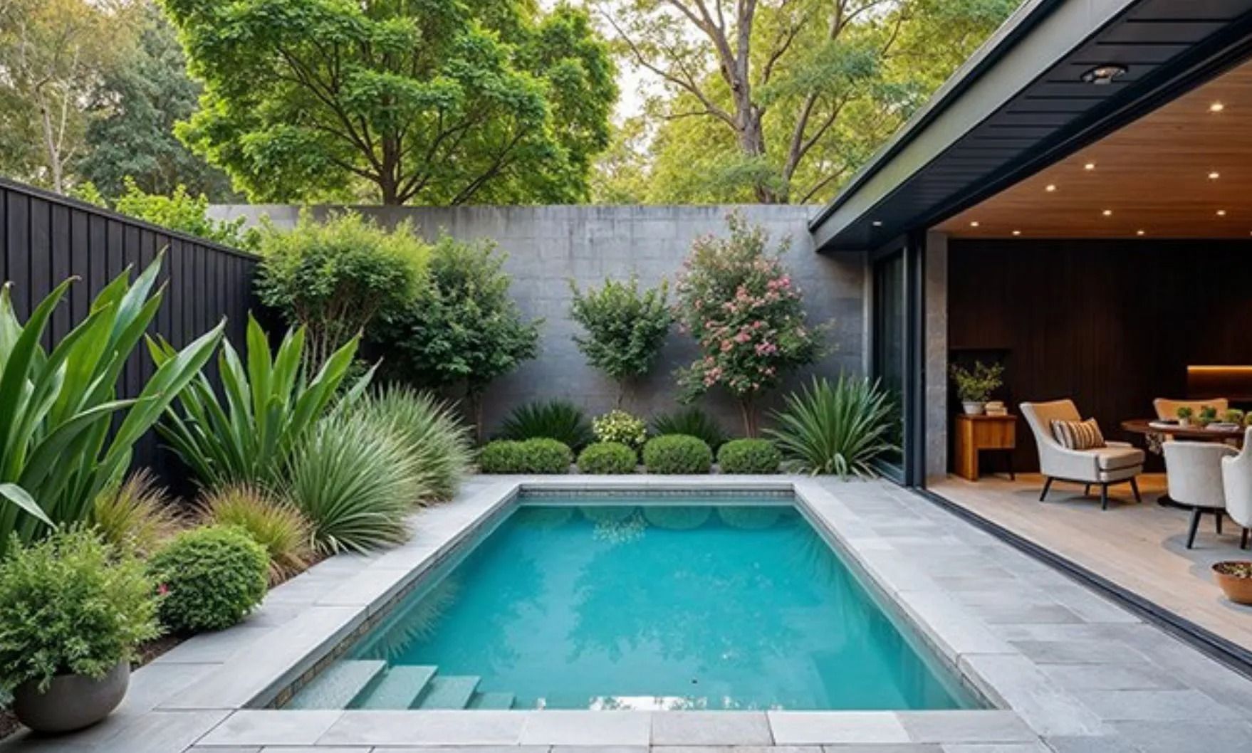 Rectangular pool in a modern backyard with greenery and a covered patio.