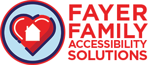 Logo for Fayer Family Accessibility Solutions: a red heart with a house outline in the center, inside a blue and dark red circle. Text reads "Fayer Family Accessibility Solutions."