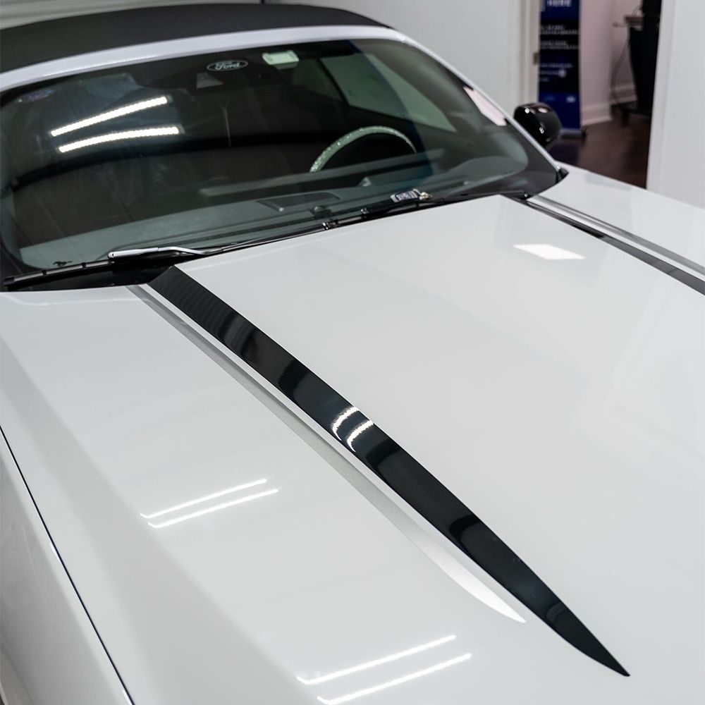 White car hood with black racing stripes.