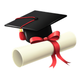 Black graduation cap with tassel and rolled diploma tied with red ribbon.