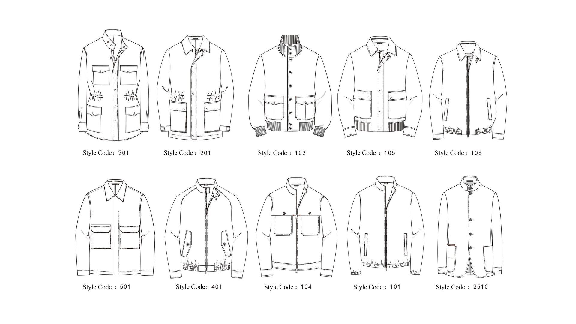 Line drawings of ten different jacket styles, each labeled with a name and a code.