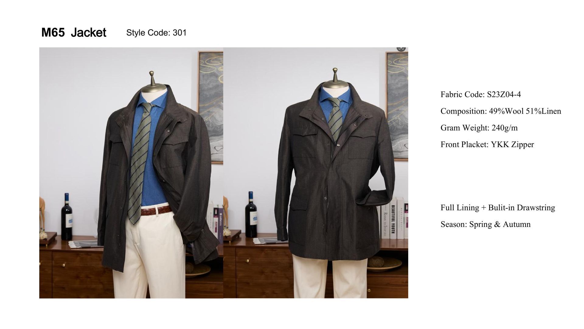 Two mannequins wearing a dark brown jacket, blue shirt, tie, and tan pants.