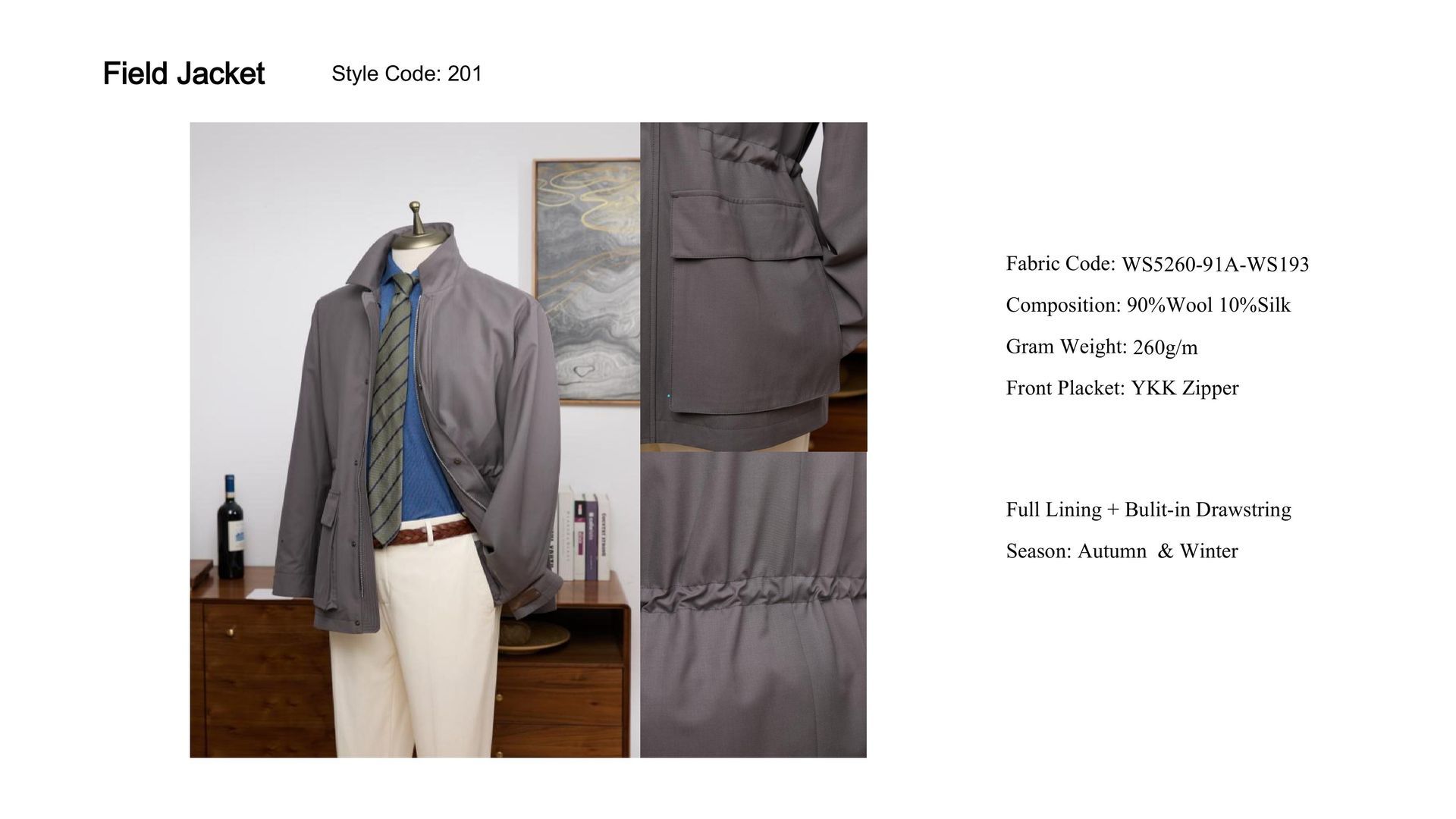 A grey field jacket on a mannequin, with close-ups of features. Includes a tie, shirt, and khaki pants.