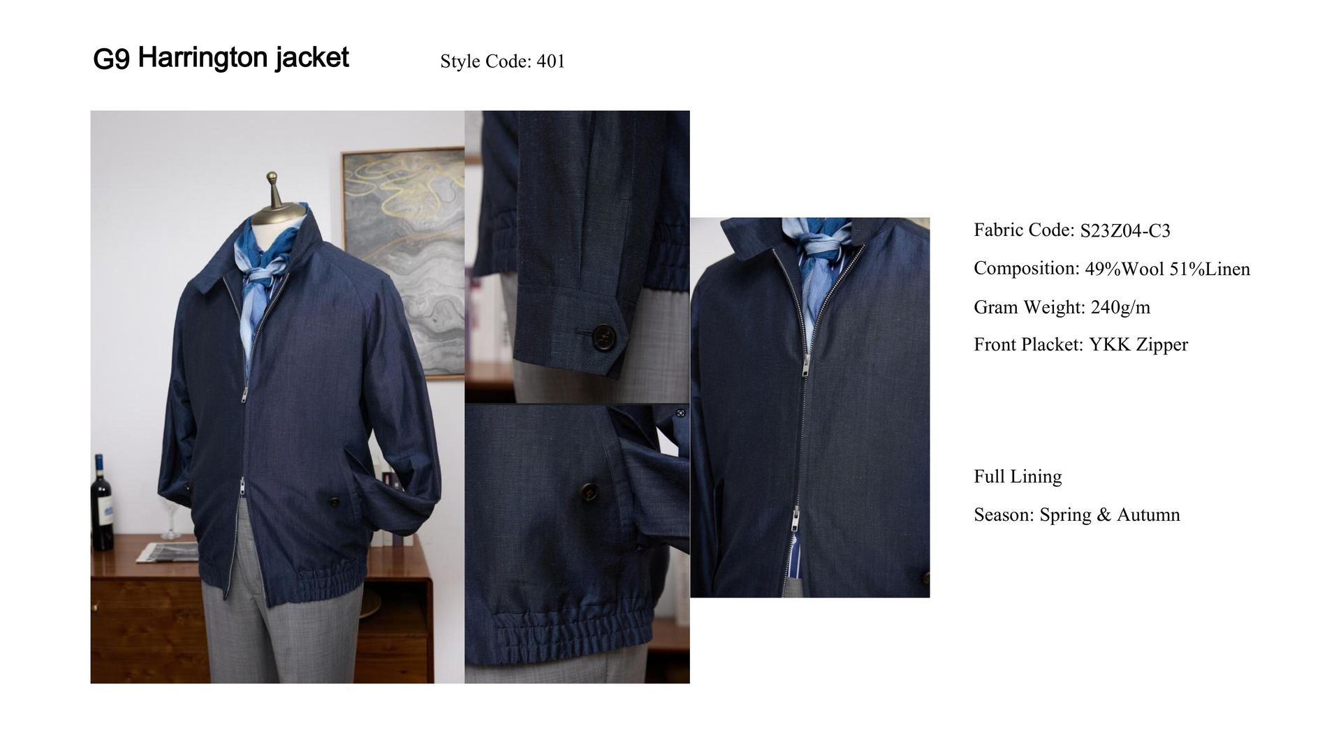 Blue G9 Harrington jacket, model wearing with scarf and pants. Details: collar, pockets, zipper, ribbed hem.