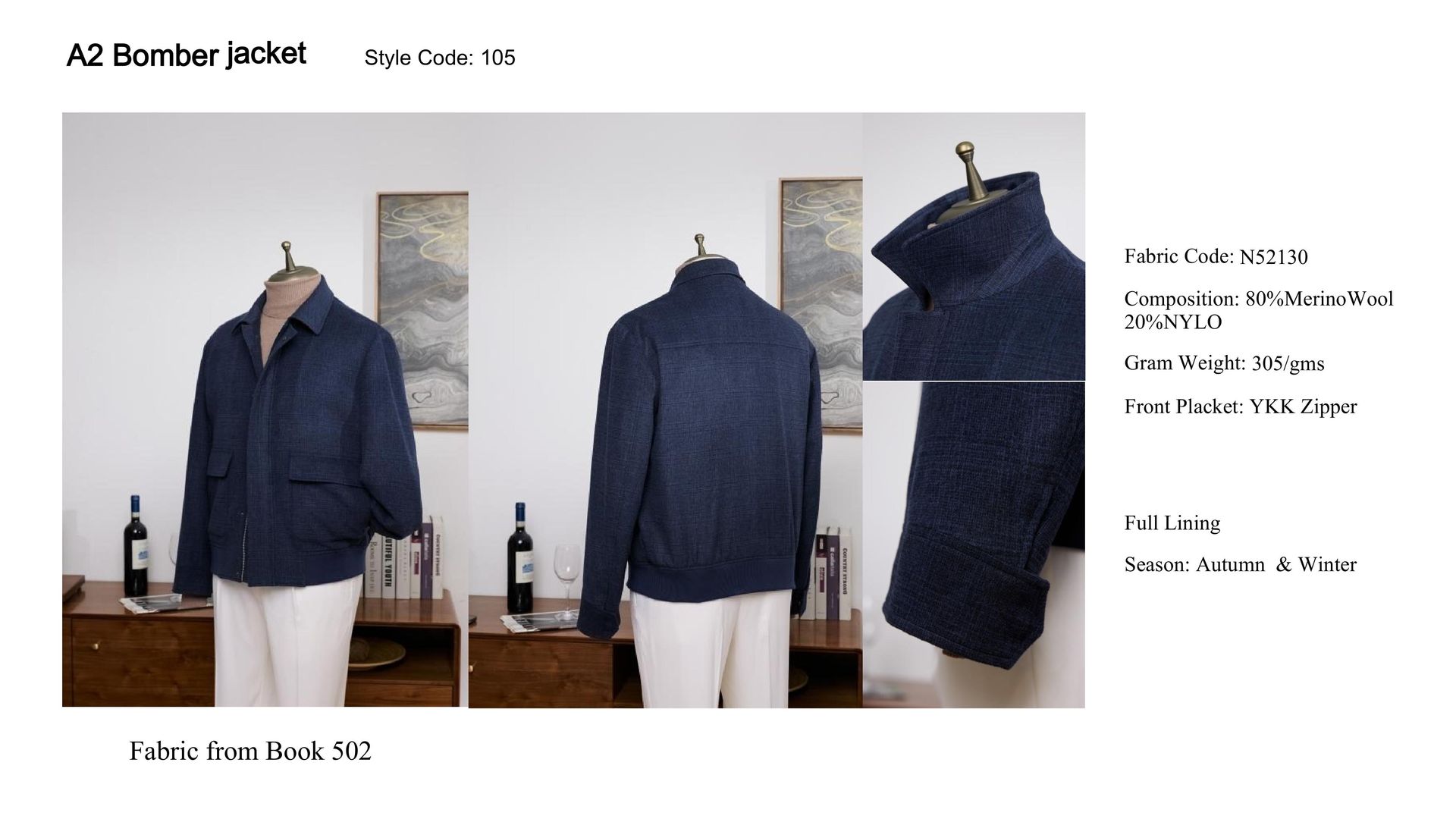 Navy blue bomber jacket on mannequins, showcasing details.