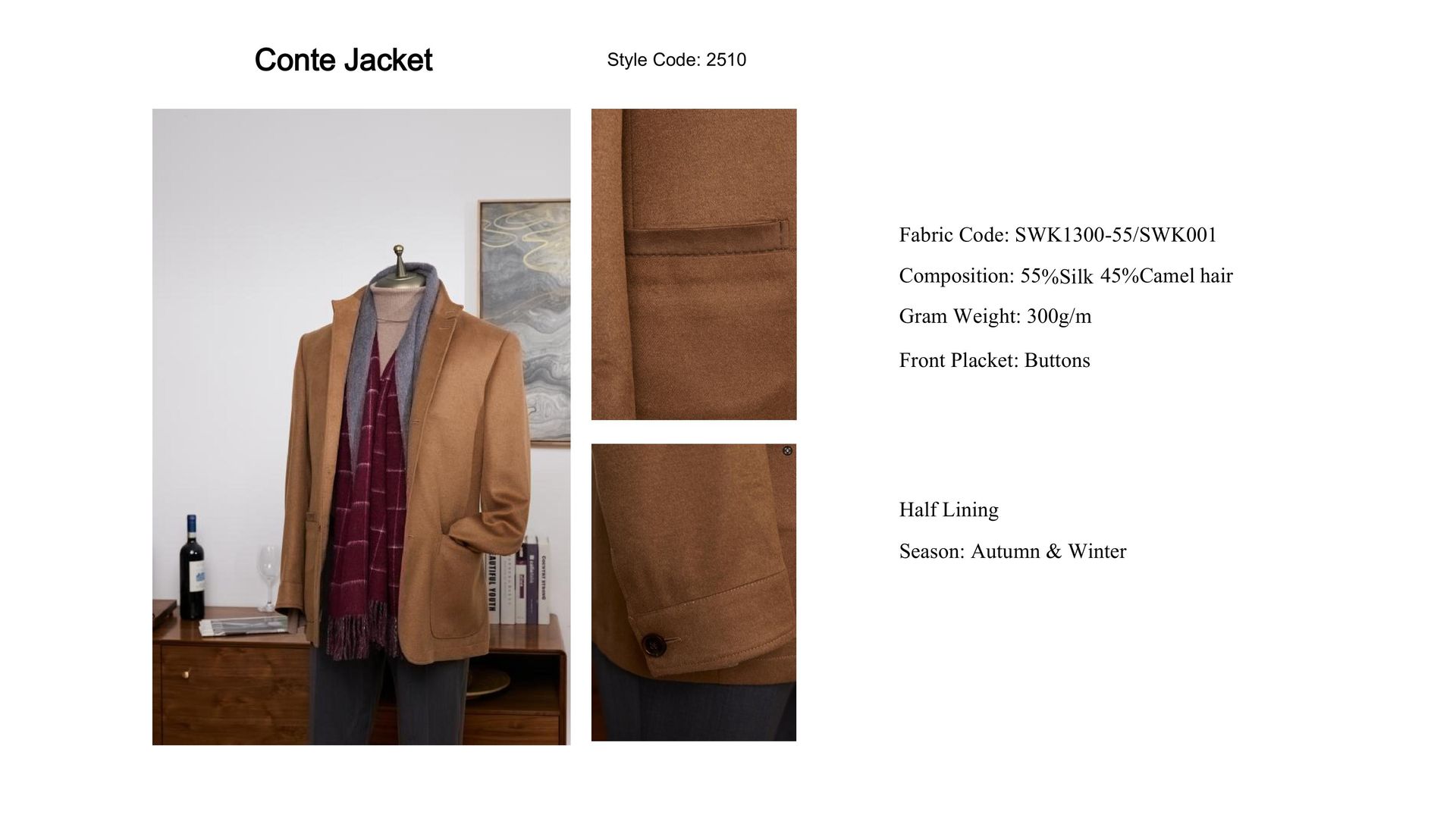 Brown Conte jacket on a mannequin, with detailed pocket and button shots. Also features scarf, bottle, and desk.