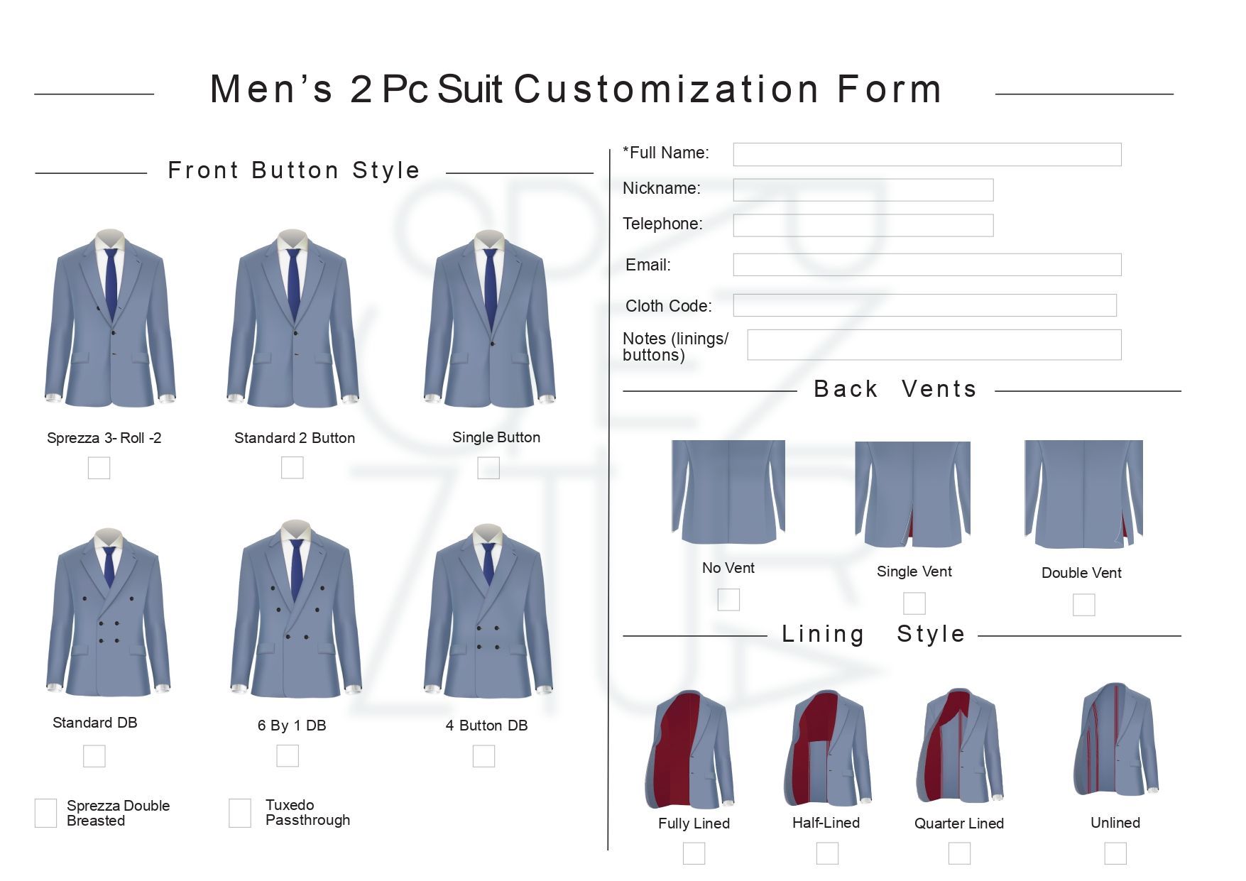 Men's 2-piece suit customization form with options for front button style, back vents, and lining.