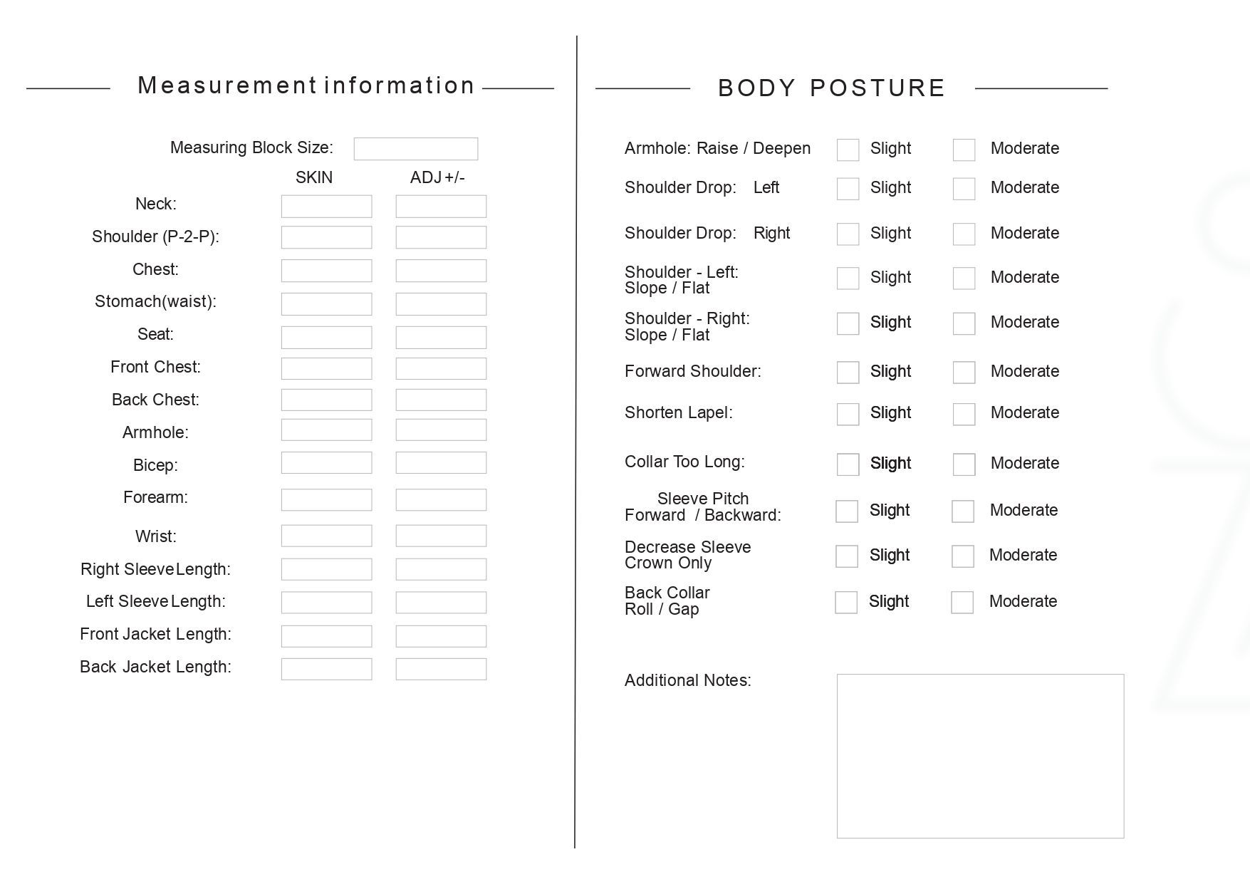 Form for taking measurements and body posture assessment.