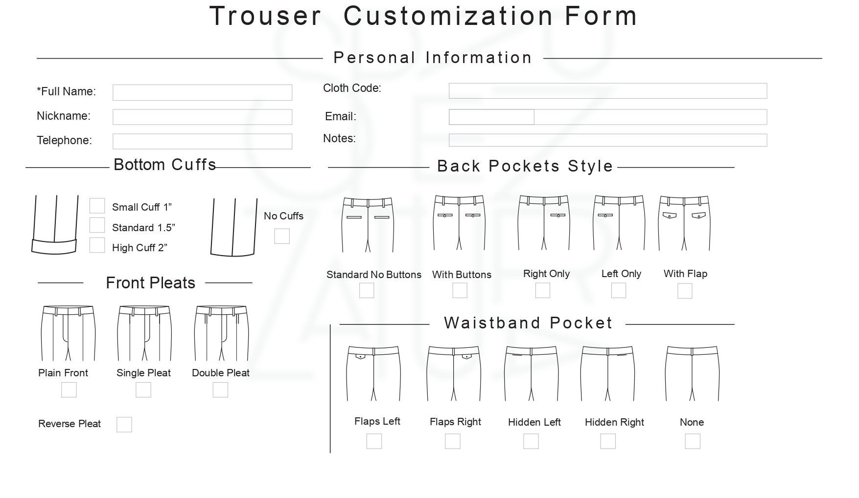 Trouser customization form with sections for personal info, details on pockets, and style options.
