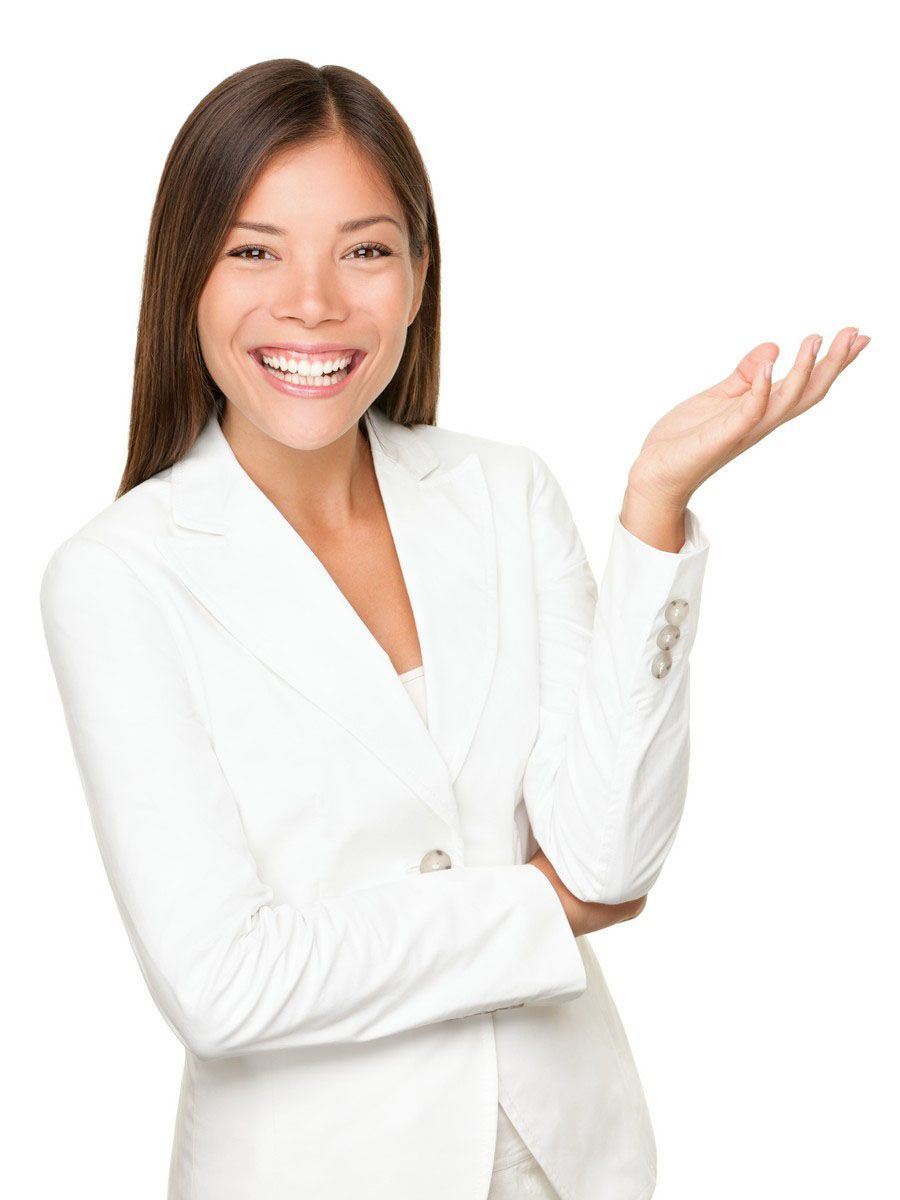 A woman in a white jacket is smiling and holding out her hand