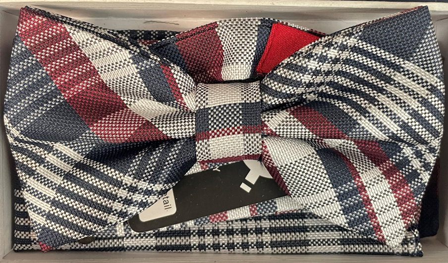 A red, white and blue plaid bow tie is in a box.