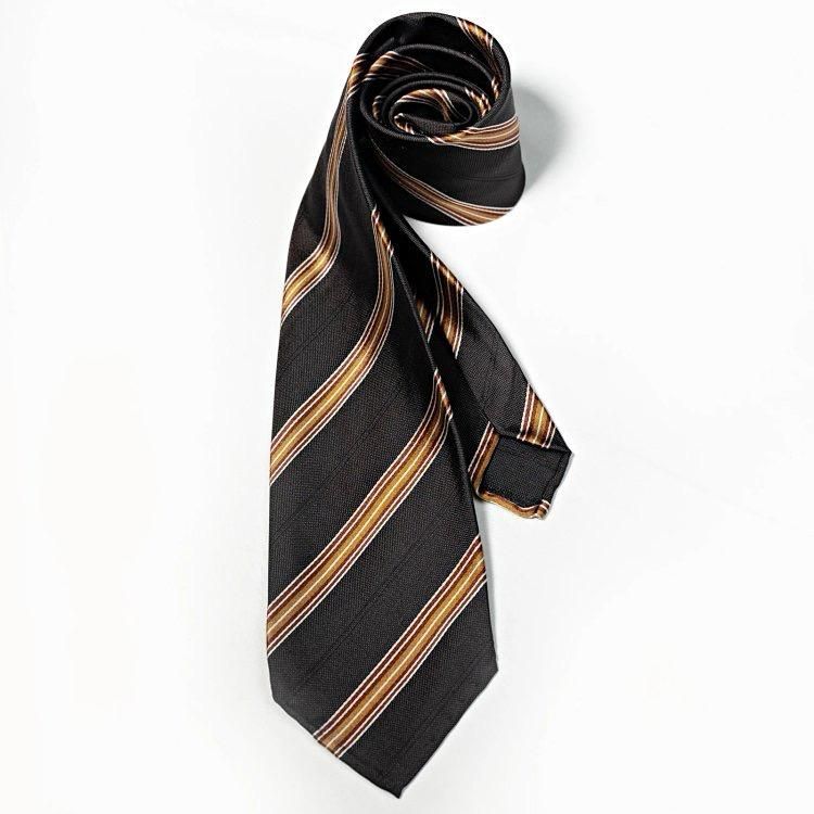 A black and gold striped tie on a white background