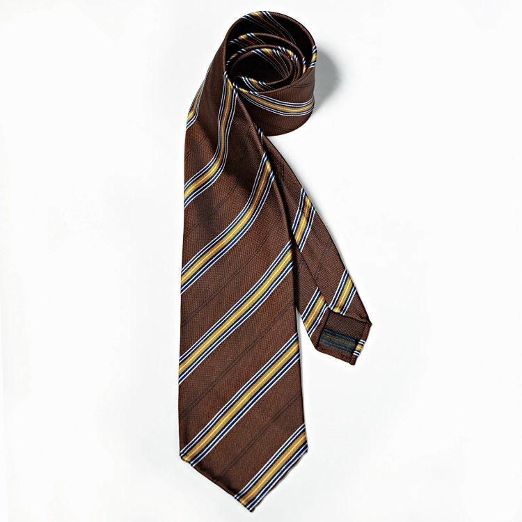 A brown and yellow striped tie on a white background